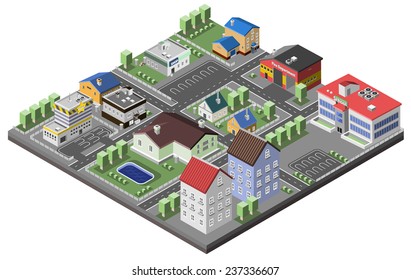 Suburban concept with house apartments and government buildings 3d isometric decorative icons vector illustration