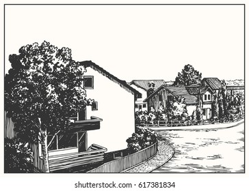 Suburban cottage. Black and white dashed style sketch, line art, drawing with pen and ink. Retro vintage picture.