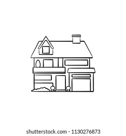 Suburban cottage hand drawn outline doodle icon. Private property, modern architecture, credit loan, mortgage vector sketch illustration for print, web, mobile and infographics on white background.