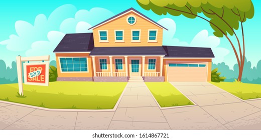 Suburban cottage with sign sold. Residential house with garage for sale. Vector cartoon illustration of village mansion. Real estate purchase, private building in countryside or town