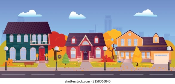 Suburban cottages in fall, residential house with garage. Vector cartoon illustration of village mansions facade. Autumn countryside landscape of private buildings and town silhouettes on background 