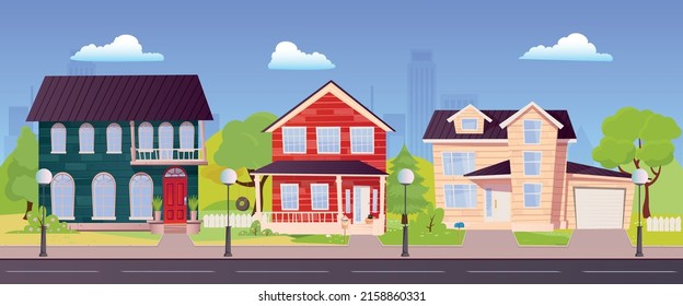 Suburban cottages, residential house with garage. Vector cartoon illustration of village mansions facade. Spring countryside landscape of with private buildings and town silhouettes on background