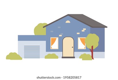 Suburban country family house with garage, flat cartoon vector illustration isolated on white background. Exterior view of farm country cottage building.