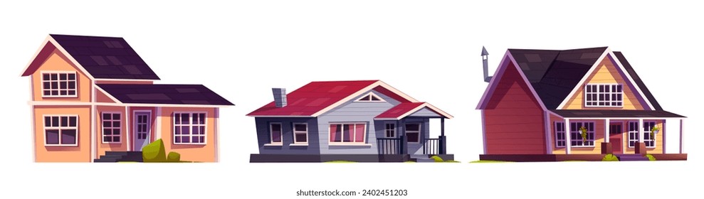 Suburban and countryside house with windows and doors, roof and patio. Cartoon vector illustration set of residential building exterior. Front view on modern country cottage or villa for family.