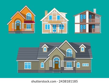 Suburban family house set. countrysdie wooden and brick house icon. vector illustration in flat style