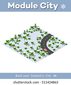 Suburban highway road turn. Isometric view of the projection of a winter landscape. Nature appearance of forest with trees