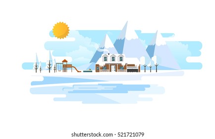 Suburban Home in Winter Landscape Flat Vector Ilustration,
