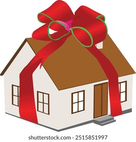 Suburban home wrapped with a giant red bow illustrating a real estate concept