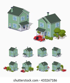 Suburban house. 3D lowpoly isometric vector illustration. The set of objects isolated against the white background and shown from different sides