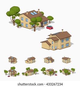 Suburban house. 3D lowpoly isometric vector illustration. The set of objects isolated against the white background and shown from different sides