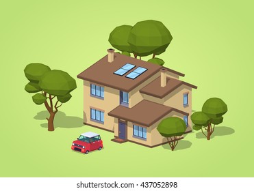 Suburban house against the green background. 3D lowpoly isometric vector illustration