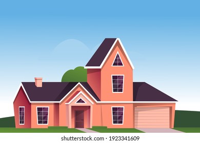 Suburban house background. Modern cartoon town building design vector illustration. Cozy windows and door, driveway to garage, path to home. Horizontal outdoor scene of villa.