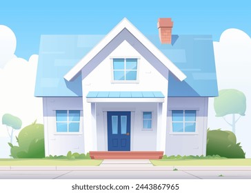 Suburban house with blue roof, amidst lush greenery, under sky with clouds. Spring atmosphere.  Flat cartoon style. Vector illustration