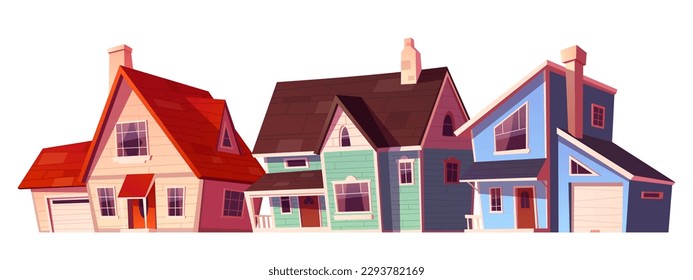 Suburban house building exterior village cartoon vector icon set. Cottage home illustration isolated on white background. Modern real estate family villa apartment with garage in countryside