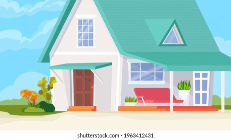 Suburban house building view, banner in flat cartoon design. Exterior of country house, with windows, doors and terrace. Cottage at village, rural realty estate. Vector illustration of web background