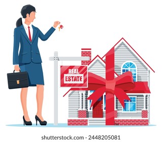 Casa suburbana, mujer de negocios o agente inmobiliario con llave. Cartel de madera con cartel inmobiliario. Hipoteca, propiedad e inversión. Compre, venda o alquile bienes raíces. Ilustración vectorial plana