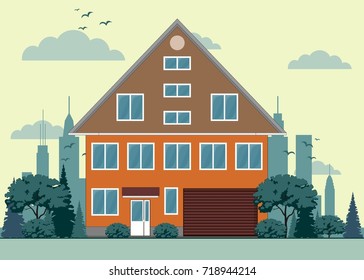 Suburban house, cottage with garden on background. Real estate, property concept. Family home, cabin. Residential building. Exterior front view. Vector illustration. Flat style design