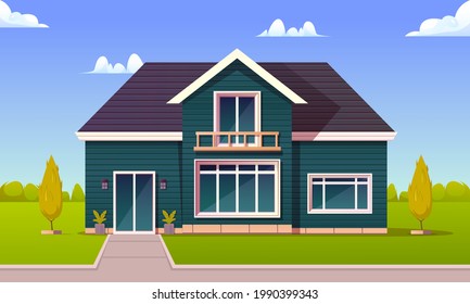 Suburban house, cottage residence, real estate country building exterior. Facade of a house with garden and green grass in the front yard. Cartoon vector illustration