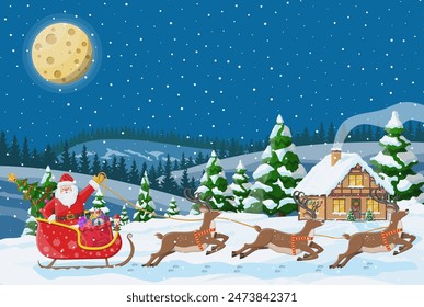 Suburban house covered snow. Building in holiday ornament. Christmas landscape tree, santa sleigh reindeers. New year decoration. Merry christmas holiday xmas celebration. Vector illustration