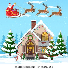 Suburban house covered snow. Building in holiday ornament. Christmas landscape tree, snowman, santa sleigh reindeers. New year decoration. Merry christmas holiday xmas celebration. Vector illustration