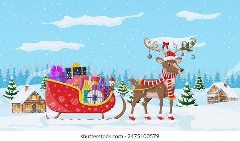 Suburban house covered snow. Building in holiday ornament. Christmas landscape tree, forest, gift sleigh reindeer. New year decoration. Merry christmas holiday xmas celebration. Vector illustration