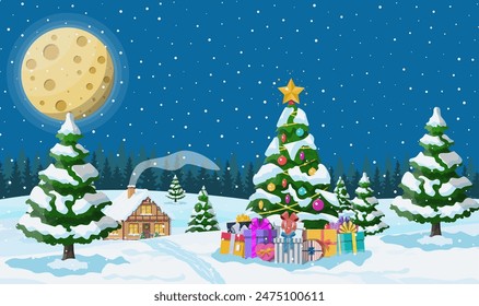 Suburban house covered snow. Building in holiday ornament. Christmas landscape tree spruce gift box. Happy new year decoration. Merry christmas holiday. New year xmas celebration. Vector illustration