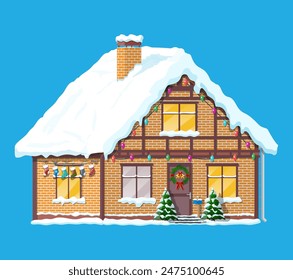 Suburban house covered snow. Building in holiday ornament. Christmas tree spruce, wreath. Happy new year decoration. Merry christmas holiday. New year and xmas celebration. Vector illustration