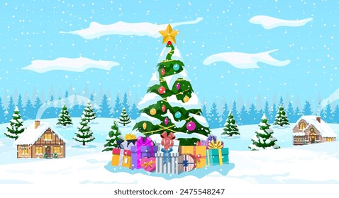 Suburban house covered snow. Building in holiday ornament. Christmas landscape tree spruce, snowman. Happy new year decoration. Merry christmas holiday. New year xmas celebration. Vector illustration