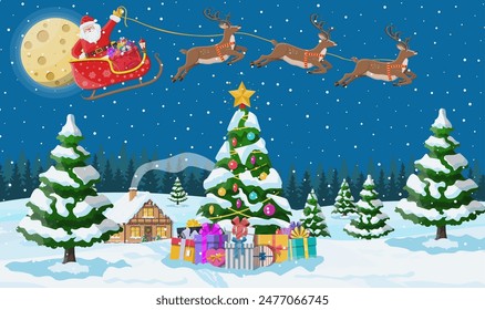 Suburban house covered snow. Building in holiday ornament. Christmas landscape tree, snowman, santa sleigh reindeers. New year decoration. Merry christmas holiday xmas celebration. Vector illustration