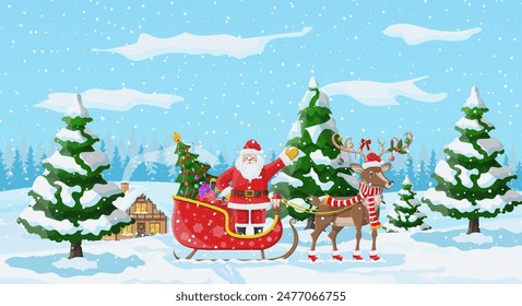 Suburban house covered snow. Building in holiday ornament. Christmas landscape tree, santa sleigh reindeers. New year decoration. Merry christmas holiday xmas celebration. Vector illustration