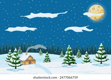 Vorstadthaus mit Schnee bedeckt. Gebäude in Feiertagsschmuck. Weihnachtsmusiken Landschaftsbaum Fichte, Zaun. Alles Gute zum neuen Jahr. Frohe Weihnachtsferien. Neuen Jahre Weihnachtsfeier. Vektorillustration