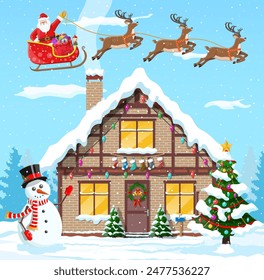 Suburban house covered snow. Building in holiday ornament. Christmas landscape tree, snowman, santa sleigh reindeers. New year decoration. Merry christmas holiday xmas celebration. Vector illustration