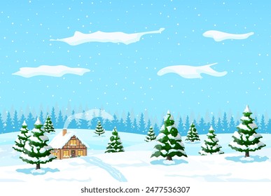 Suburban house covered snow. Building in holiday ornament. Christmas landscape tree spruce, fence. Happy new year decoration. Merry christmas holiday. New year xmas celebration. Vector illustration