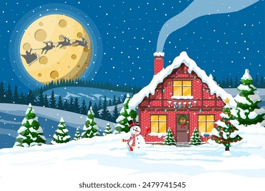 Suburban house covered snow. Building in holiday ornament. Christmas landscape tree, snowman, santa sleigh reindeers. New year decoration. Merry christmas holiday xmas celebration. Vector illustration