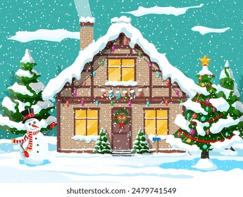 Suburban house covered snow. Building in holiday ornament. Christmas landscape tree spruce, snowman. Happy new year decoration. Merry christmas holiday. New year xmas celebration. Vector illustration