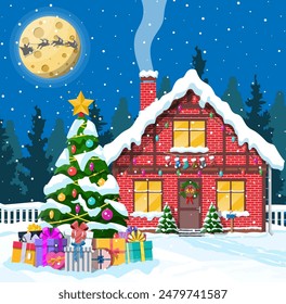 Suburban house covered snow. Building in holiday ornament. Christmas landscape tree, santa sleigh reindeers. New year decoration. Merry christmas holiday xmas celebration. Vector illustration