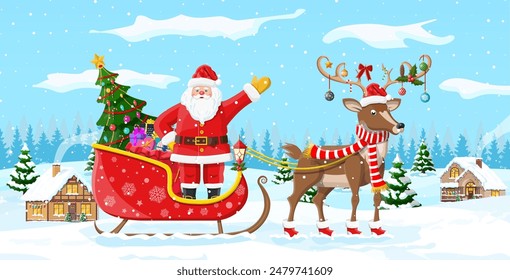 Suburban house covered snow. Building in holiday ornament. Christmas landscape tree, santa sleigh reindeer. New year decoration. Merry christmas holiday xmas celebration. Vector illustration