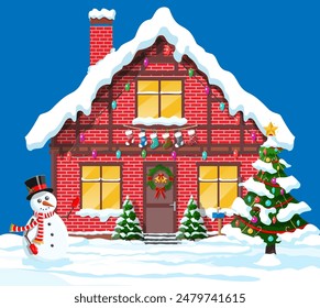 Suburban house covered snow. Building in holiday ornament. Christmas tree spruce, snowman. Happy new year decoration. Merry christmas holiday. New year and xmas celebration. Vector illustration