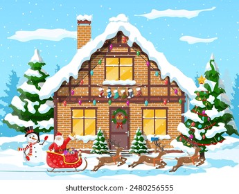 Suburban house covered snow. Building in holiday ornament. Christmas landscape tree, snowman, santa sleigh reindeers. New year decoration. Merry christmas holiday xmas celebration. Vector illustration