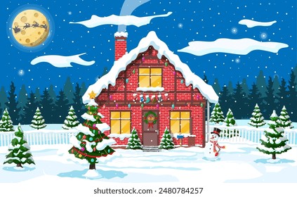 Suburban house covered snow. Building in holiday ornament. Christmas landscape tree, snowman, santa sleigh reindeers. New year decoration. Merry christmas holiday xmas celebration. Vector illustration