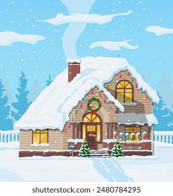 Suburban house covered snow. Building in holiday ornament. Christmas landscape tree spruce, fence. Happy new year decoration. Merry christmas holiday. New year xmas celebration. Vector illustration