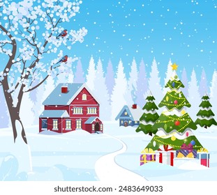 Suburban house covered snow. Building in holiday ornament. Christmas landscape tree spruce. Happy new year decoration. Merry christmas holiday. New year xmas celebration. Vector illustration