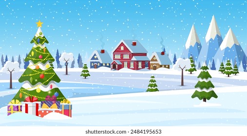 Suburban house covered snow. Building in holiday ornament. Christmas landscape tree spruce, snowman. Happy new year decoration. Merry christmas holiday. New year xmas celebration. Vector illustration