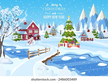 Casa suburbana cubierta de nieve. Edificio en adorno de vacaciones. Feliz año nuevo decoración. Feliz Navidad. Celebración de navidad del Nuevo año. Ilustración vectorial