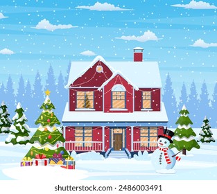 Casa suburbana cubierta de nieve. Edificio en adorno de vacaciones. Navidades árbol paisajístico, muñeco de nieve. Decoración de Nuevo año. Feliz Navidad celebración de Navidad. estilo plano de Ilustración vectorial