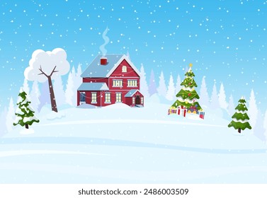 Suburban house covered snow. Building in holiday ornament. Christmas landscape tree spruce. Happy new year decoration. Merry christmas holiday. New year xmas celebration. Vector illustration