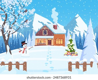 Suburban house covered snow. Building in holiday ornament. Christmas landscape tree, snowman. New year decoration. Merry christmas holiday xmas celebration. Vector illustration flat style