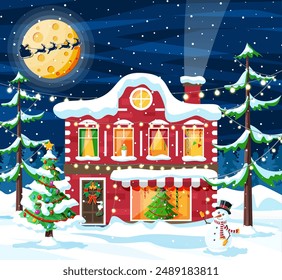 Suburban House Covered Snow. Building in Holiday Ornament. Christmas Landscape Tree, Snowman Santa Sleigh Reindeers. New Year Decoration. Merry Christmas Holiday Xmas Celebration. Vector illustration