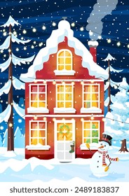 Suburban house covered snow. Building in holiday ornament. Christmas landscape tree spruce, snowman. Happy new year decoration. Merry christmas holiday. New year xmas celebration. Vector illustration