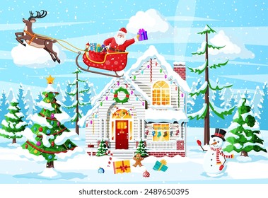 Suburban House Covered Snow. Building in Holiday Ornament. Christmas Landscape Tree, Snowman Santa Sleigh Reindeers. New Year Decoration. Merry Christmas Holiday Xmas Celebration. Vector illustration